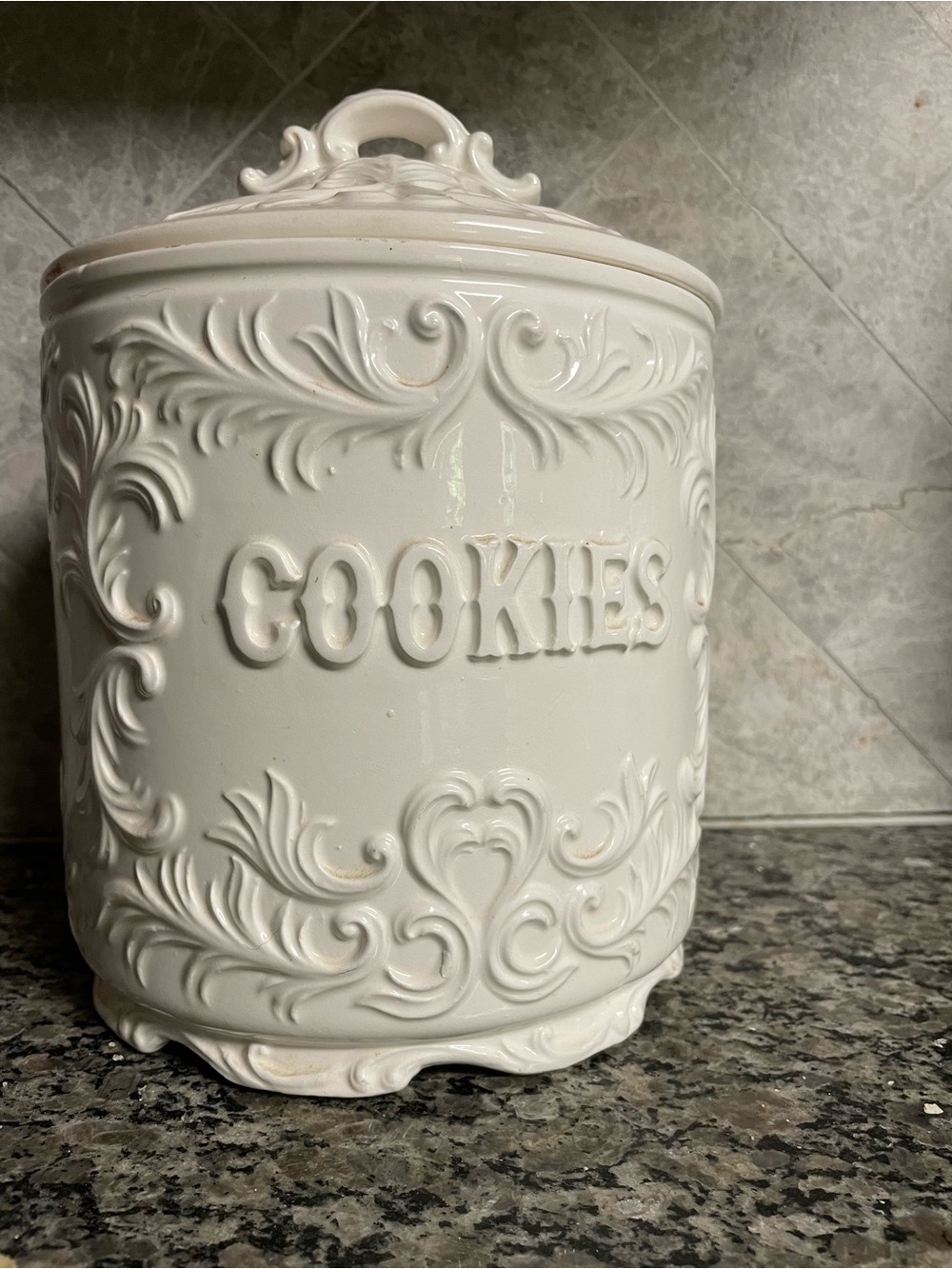 Vintage White Embossed Ceramic Cookie Canister with Lid